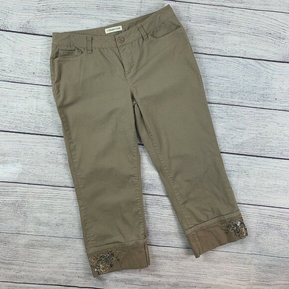 Coldwater Creek 6 Capri Tan Khaki Cuffed Beaded Embellished Cuff Inseam 21" - Picture 1 of 9